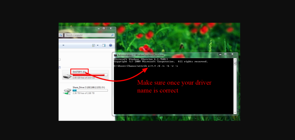 select drive name then type code for command prompt