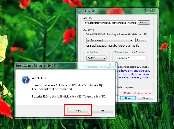 warning shows after click burn button means click yes button to proceed