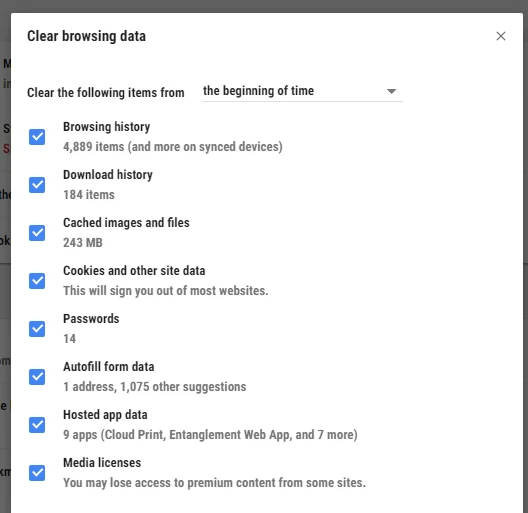 google "Clear browsing data" shows list of options