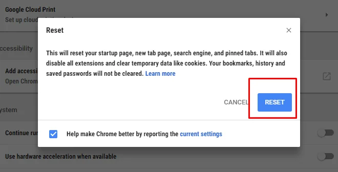 Restore Google chrome browser settings 