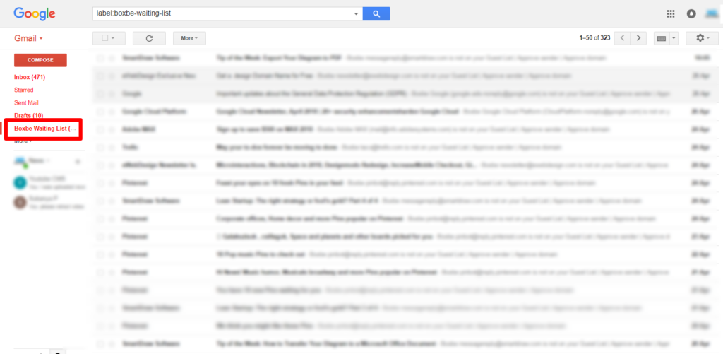 Boxbe Waiting List folder/label in gmail account
