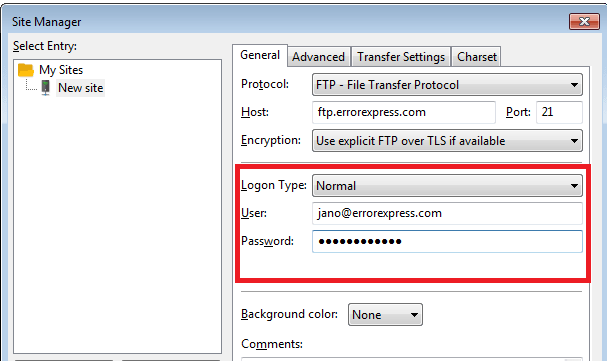 filezilla option fir logon type username and password
