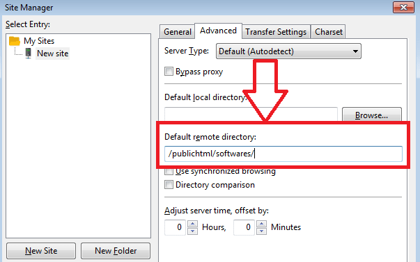 specify default remote directory filezilla