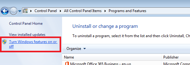 turn windows features on or off link