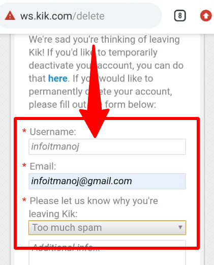 fill details delete account Kik
