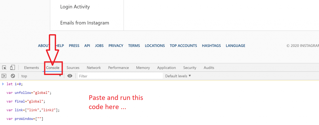 Instagram console paste code and run