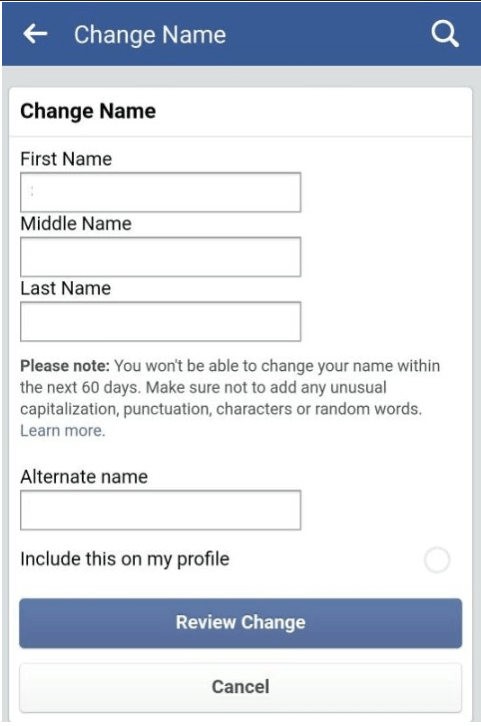 Facebook change name