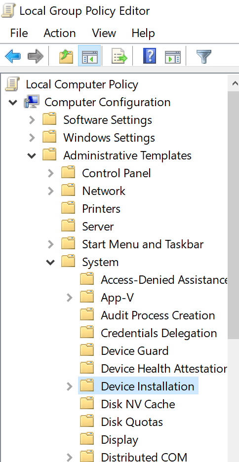 Prevent Installation of Devices not described by other policy settings option in group policy editor