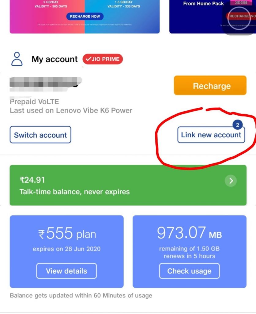link new account in my jio app
