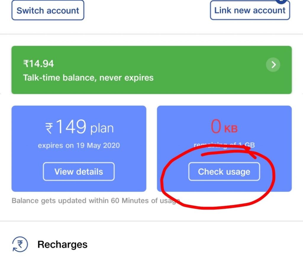 Internet data usage balance in my jio app