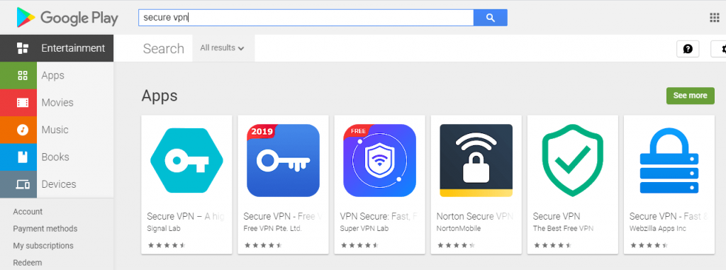 Secure VPN applications search for google play store