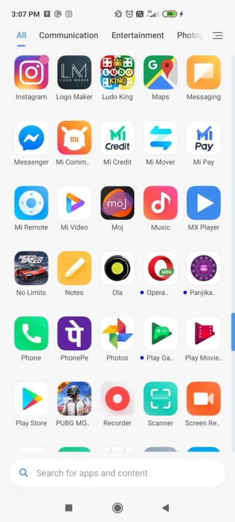 Mobile list of google and other applications on smartphone