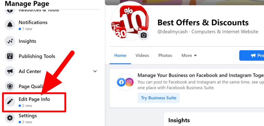 Edit page info option on Facebook page