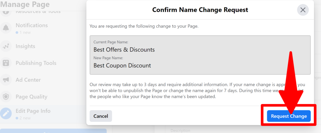Confirm the name change using request change option