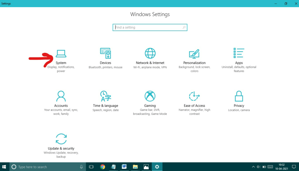 click on system option in windows 10