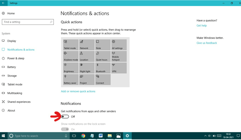 Turn off ‘Get notifications from apps and other senders’