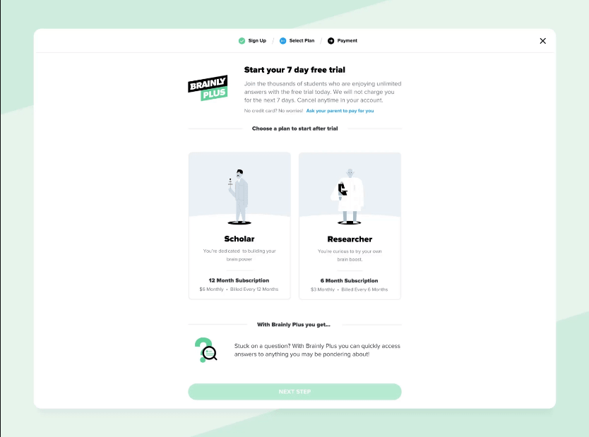 Brainly Plus Free trial or subscription page