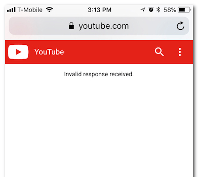 Youtube Invalid Response Received Error