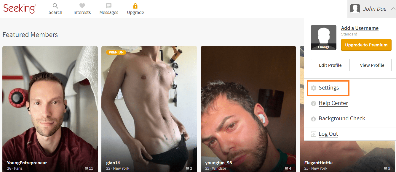 Seeking Arrangements Settings Screen