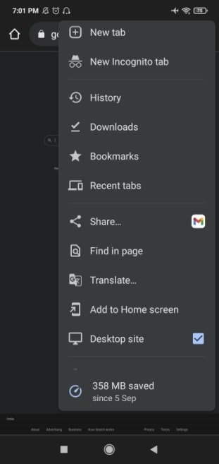 Google Chrome Desktop Site Option