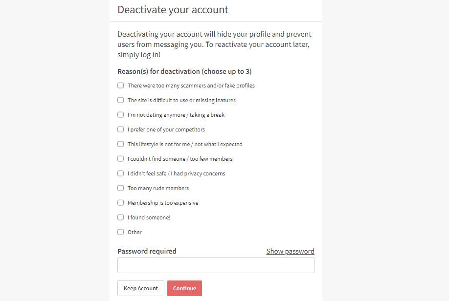 Seeking Arrangements Neccssary Fields to fill up to deactivate account and asking here for password screen