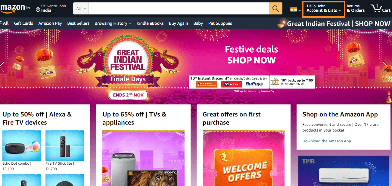 Amazon homepage Account & List Dropdown