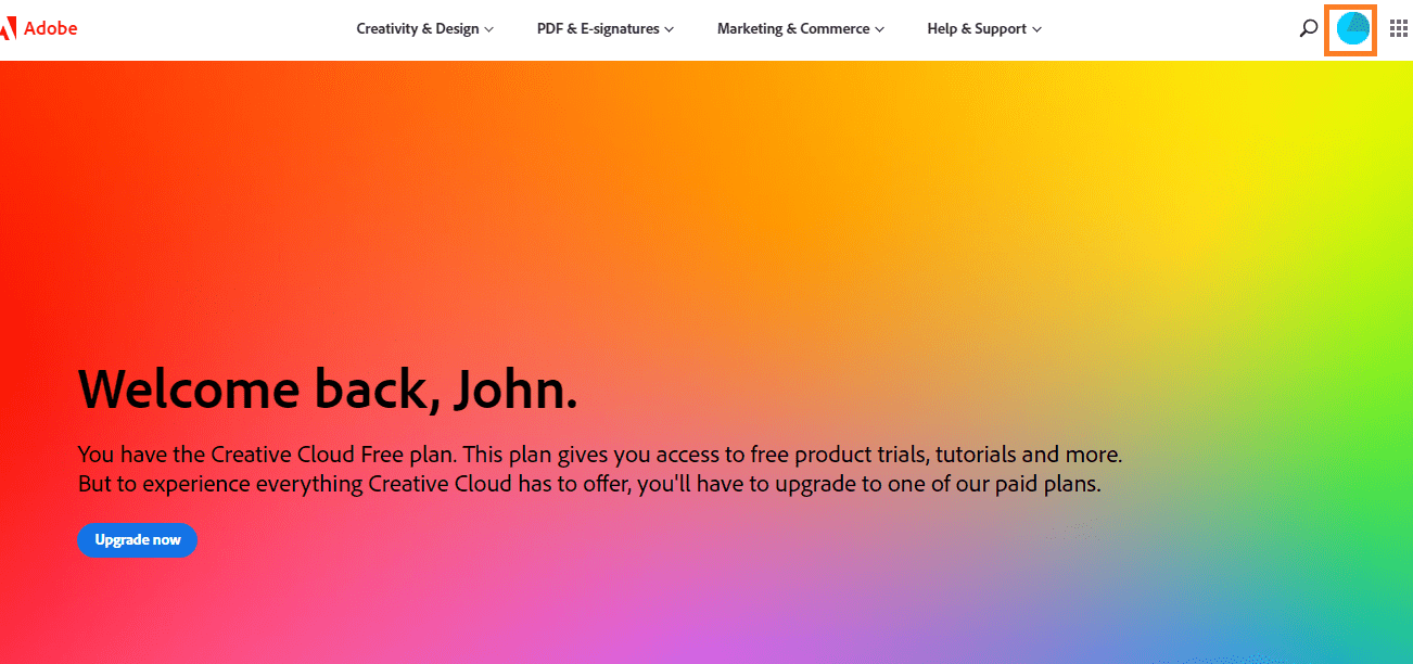 Adobe Homepage profile picture icon screen