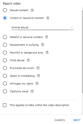 Choose the reason why want to report video screen