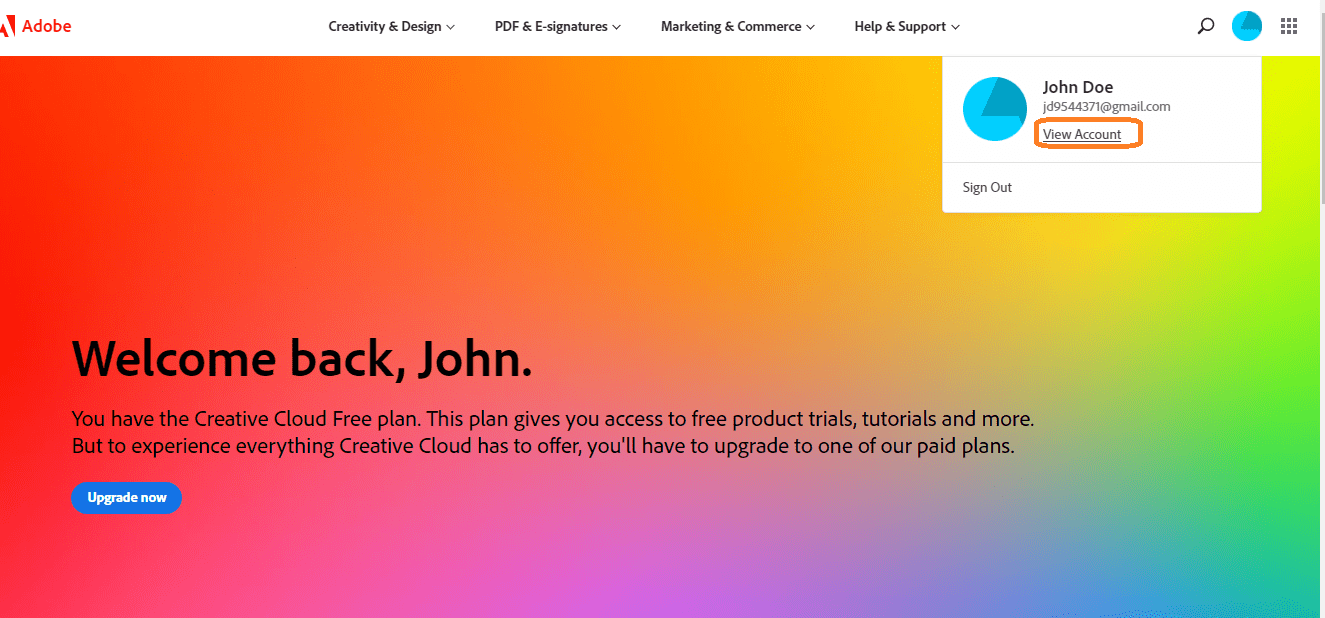 Adobe View Account link