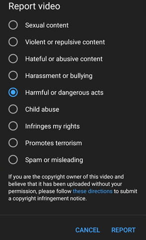 Reason for reporting video screen on mobile
