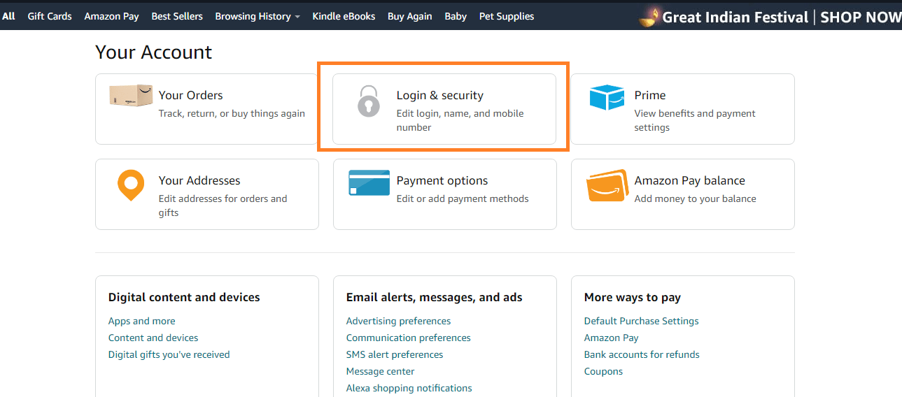Amazon login& security option