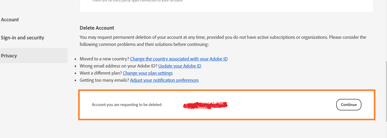 Adobe delete account continue button