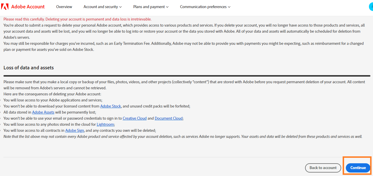 Adobe Instruction page and continue button