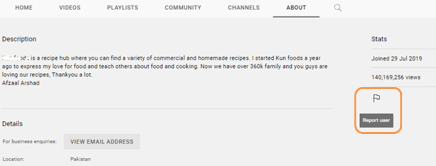 YouTube Channel Report User option Screen