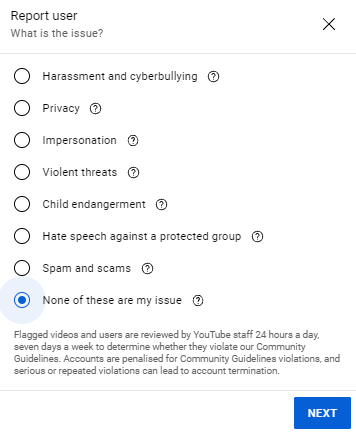 List of reporting reasons for youtube videos screen
