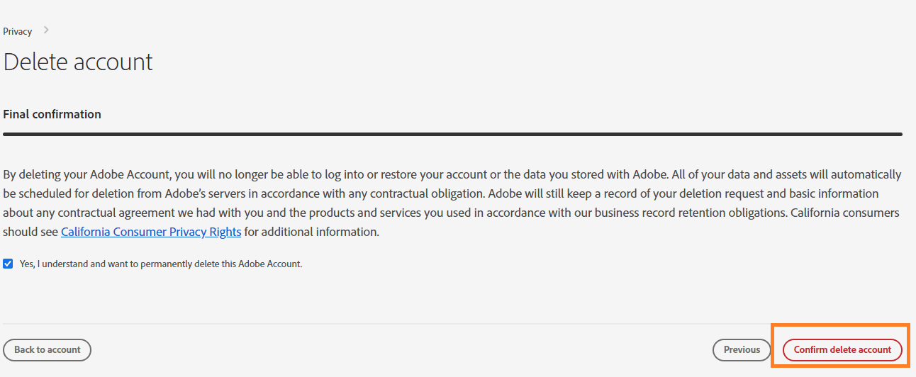 Adobe confirm delete account button
