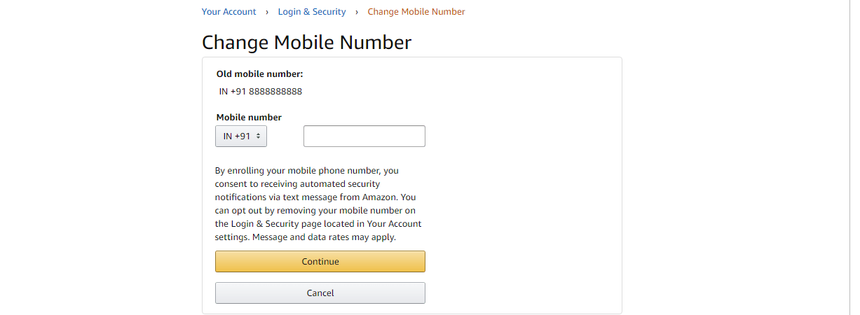 Amazon change mobile number screen