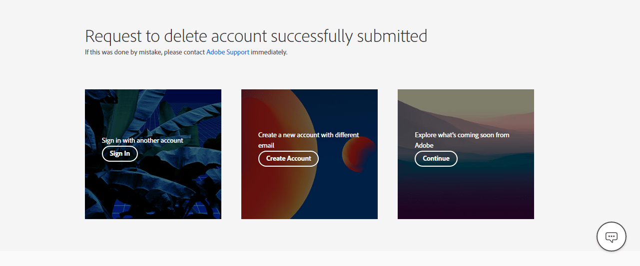 Adobe account successfully deleted confirmation screen 