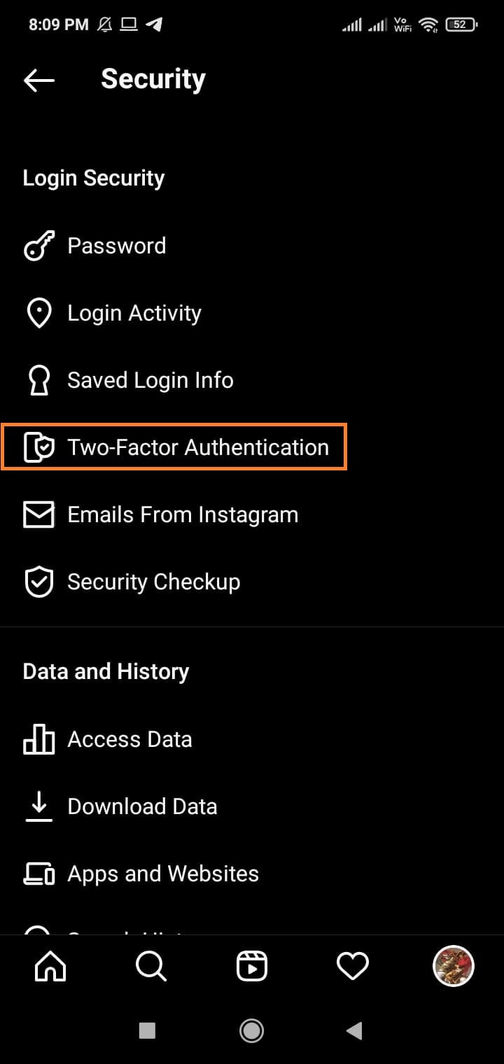 Instagram two factor authentication option