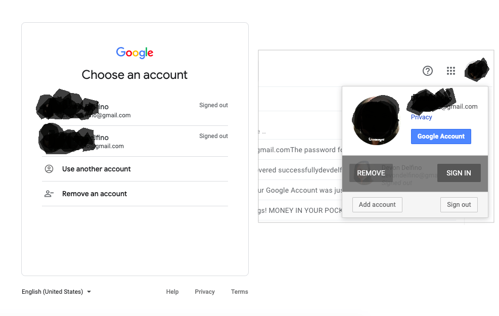 Gmail account sign out screen and asking credentials for login