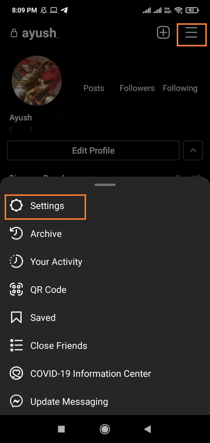 Instagram settings option