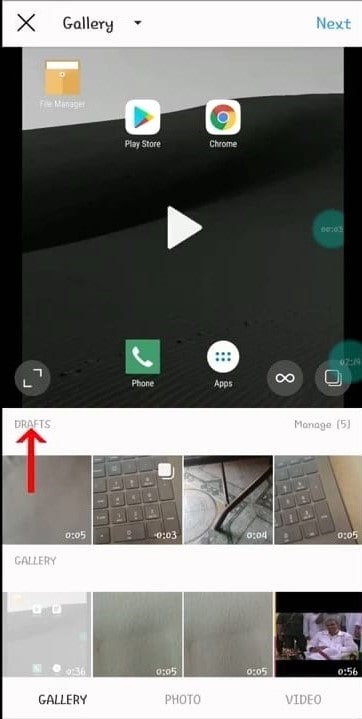 Drafts videos and photos screen