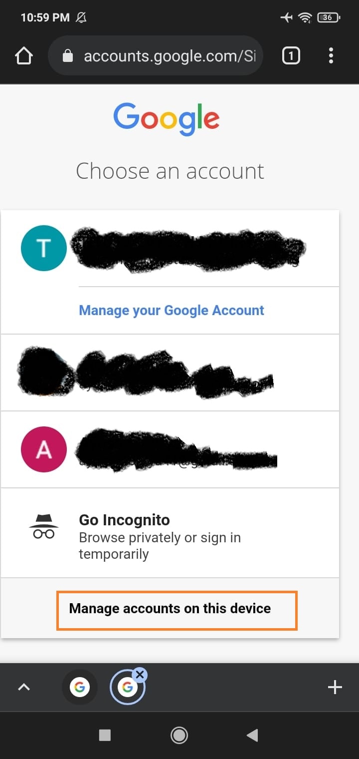 Manage account on this device option