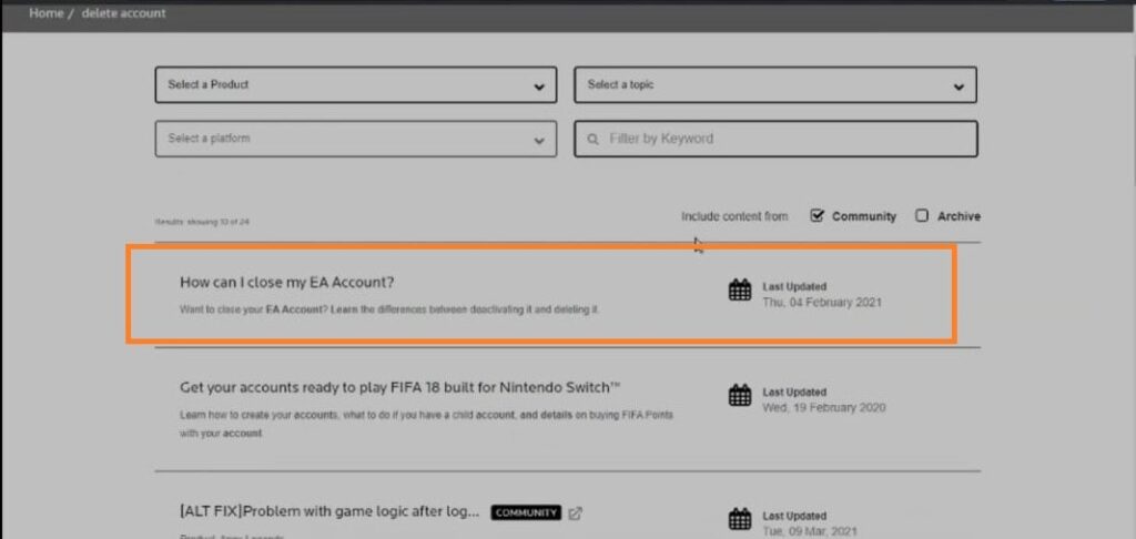 EA delete account articles page
