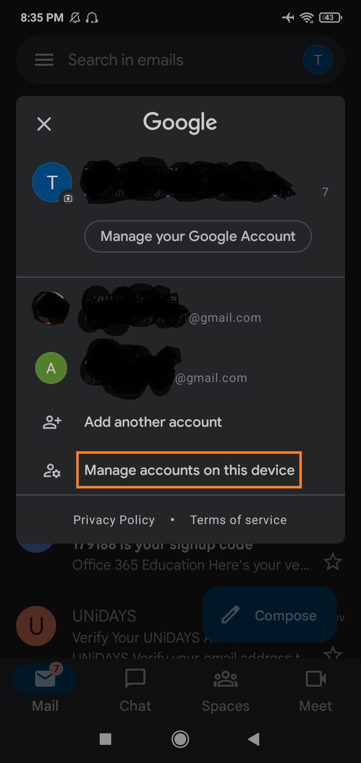 Manage account on this device option