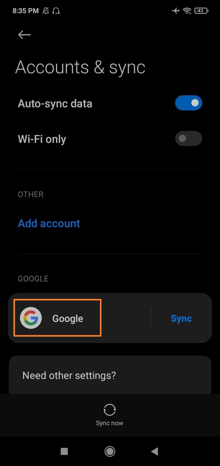 Account and sync google icon screen