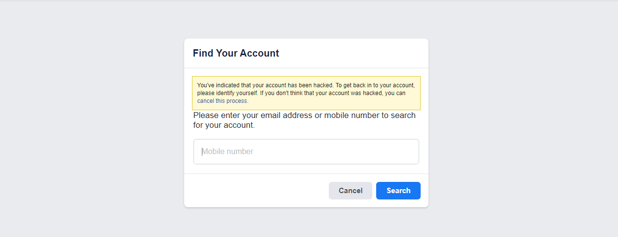 Facebook find your account page