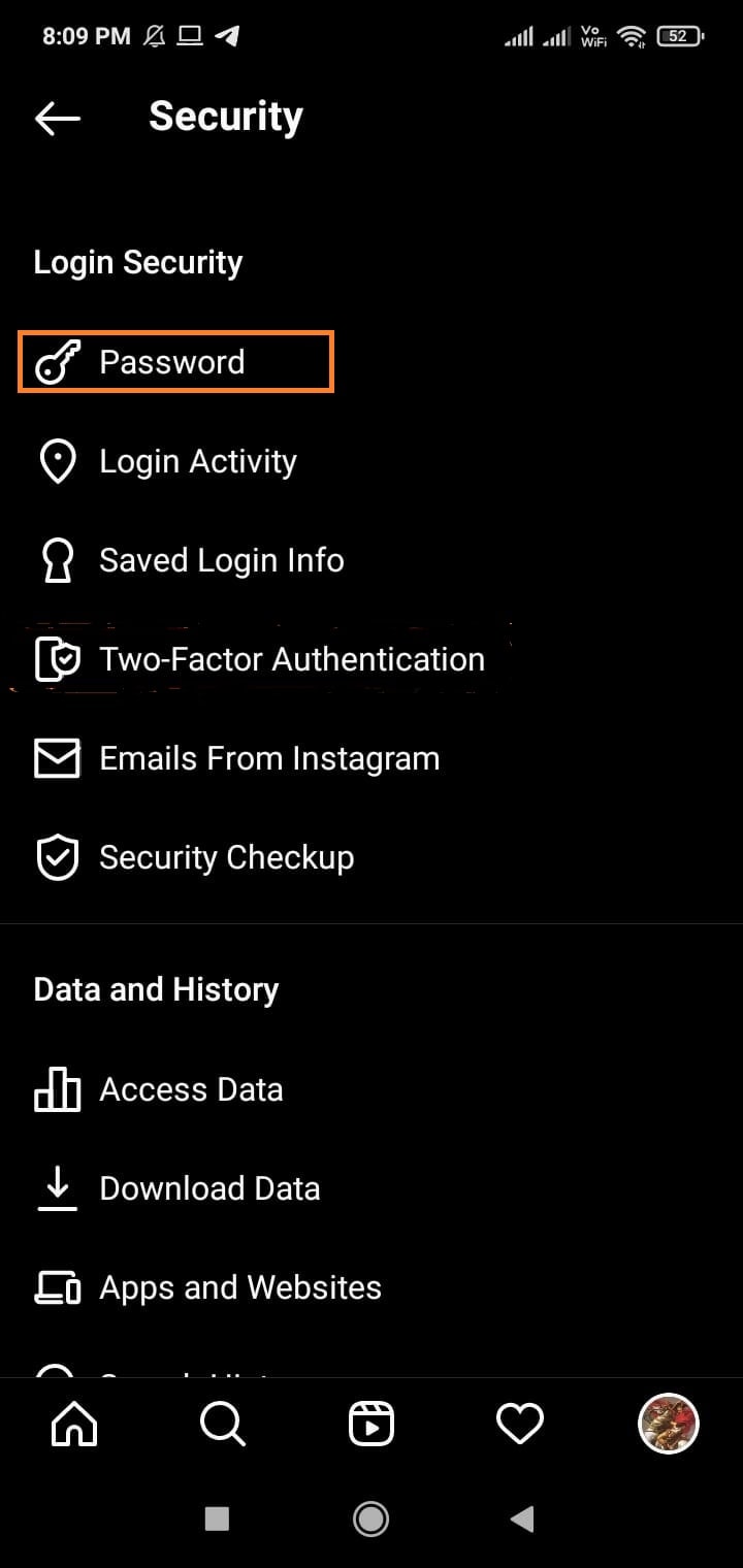 Instagram security password option