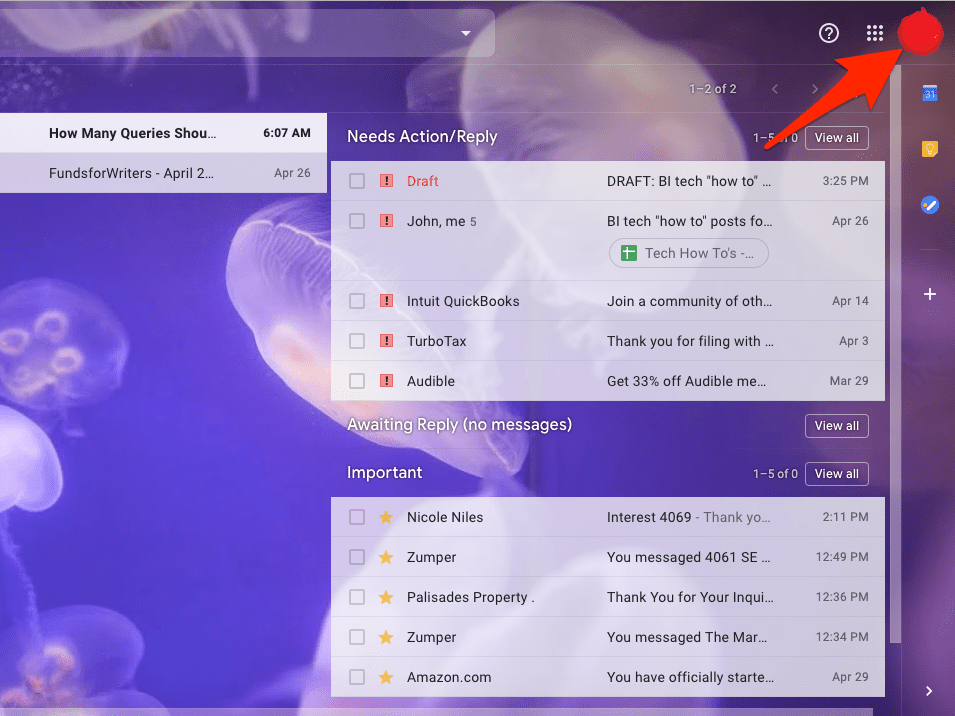 Thumbnail image top right corner of the gmail screen