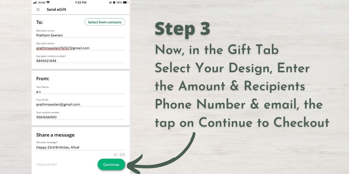 Step 3 - In the Gift Tab, Select the Design You Want and Enter the Amount, Message and Recipients email and Phone Number.